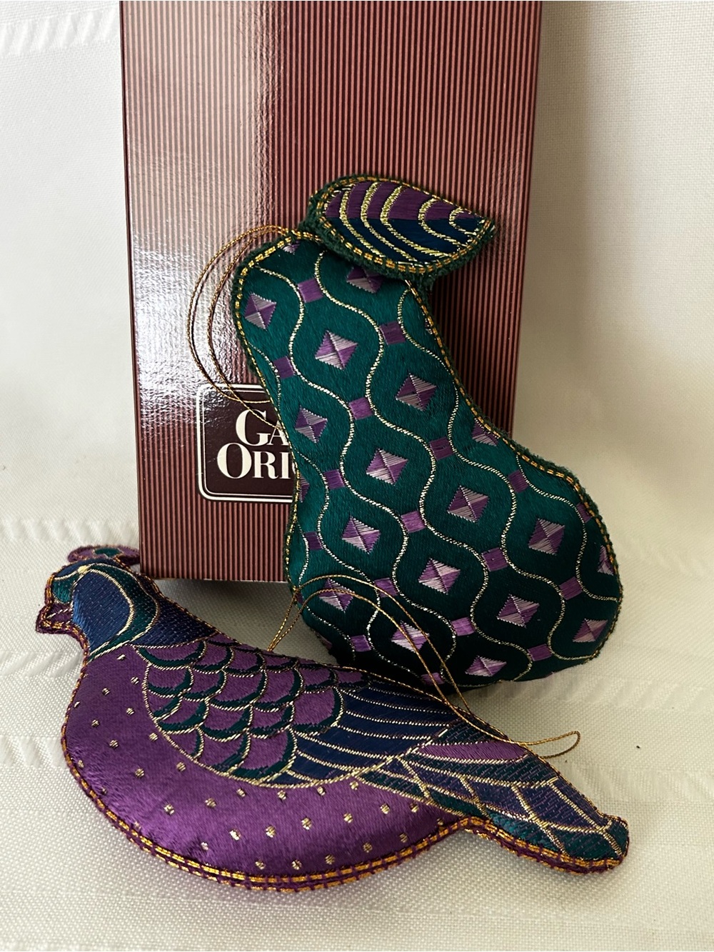 Vintage Avon Brocade Partridge Pear Tree Ornament Set Fabric Gold Holiday Decor